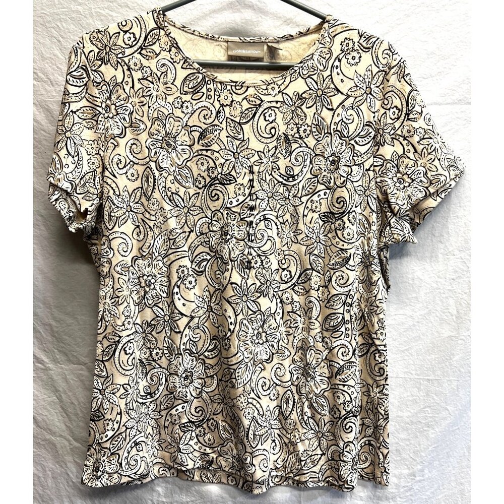 Croft & Barrow Women’s Paisley Black & Yellow XL Short Sleeve Shirt - Picture 1 of 5